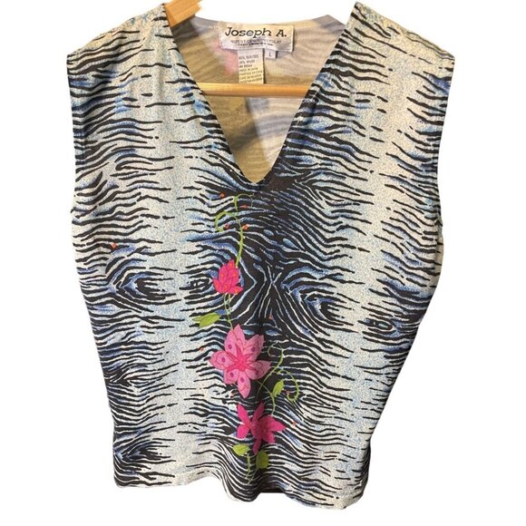 Joseph A Black White Floral Sleeveless V Neck Silk Blend Tank Top Sz L - Picture 1 of 6